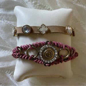 2 pieces of bracelet- Beige leather strand w/variety charms, Pink macrame link